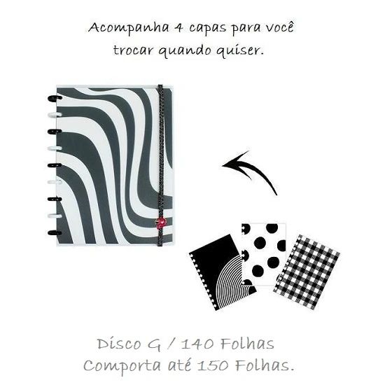 Caderno Médio Decor Disco G Preto e Branco 140 Folhas Pop Disc