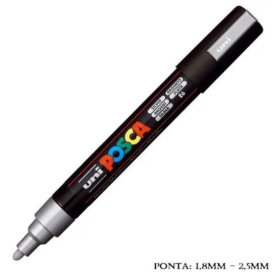 Caneta Uni Posca PC 5M 2.5mm. Metálica Prata