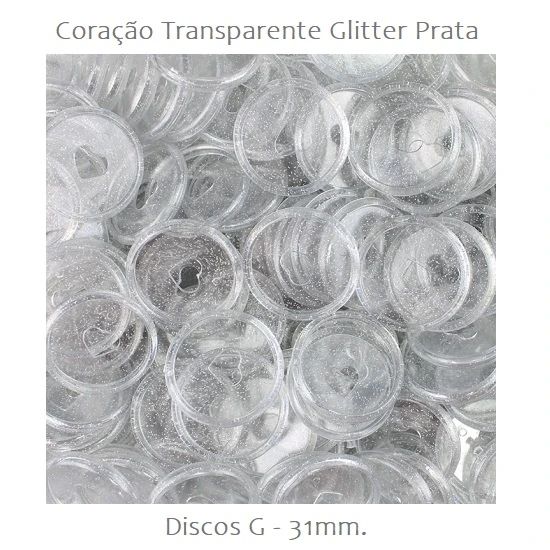 Discos Decorados G 31mm. Coração Transparente Glitter Prata Com 12 Unidades Pop Disc