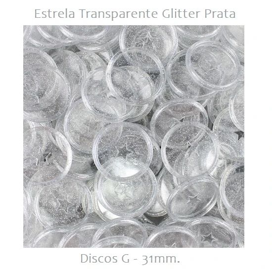 Discos Decorados G 31mm. Estrela Transparente Glitter Prata Com 12 Unidades Pop Disc