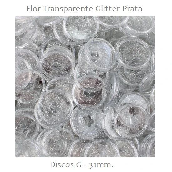 Discos Decorados G 31mm. Flor Transparente Glitter Prata Com 12 Unidades Pop Disc