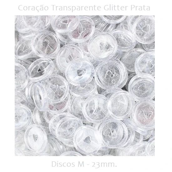 Discos Decorados M 23mm. Coração Transparente Glitter Prata Com 12 Unidades Pop Disc