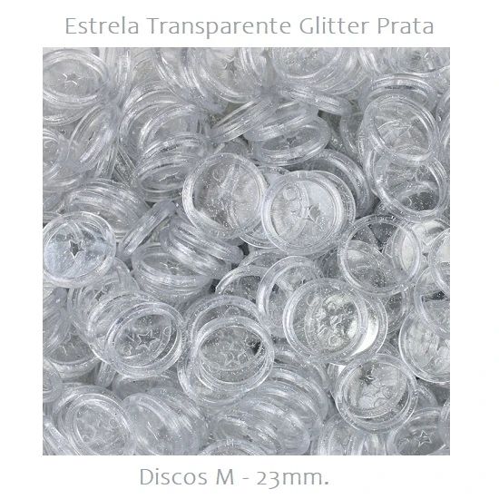 Discos Decorados M 23mm. Estrela Transparente Glitter Prata Com 12 Unidades Pop Disc