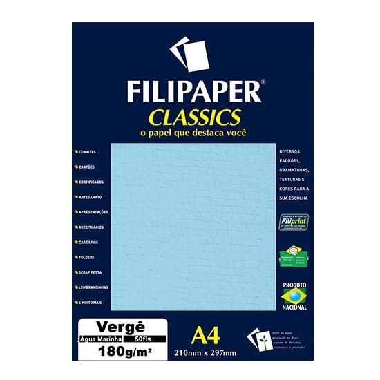 Papel Vergê 180grs. A4 Azul Água Com 50 Folhas Filiperson